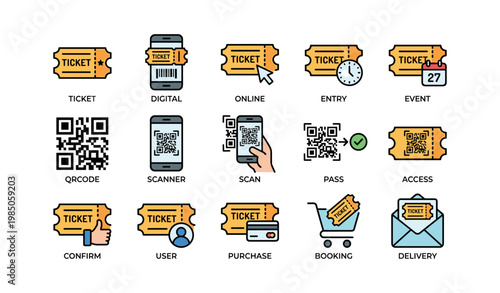 Digital ticketing icons set featuring qr code, online access, and event entry elements