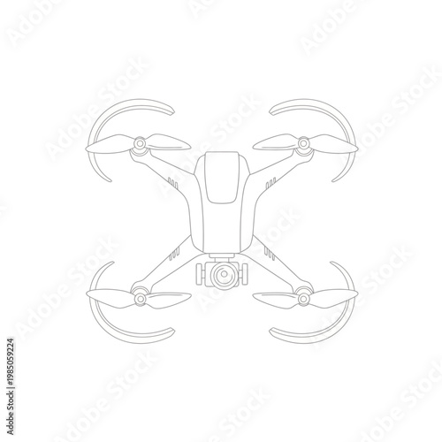 Precise line art illustration of a contemporary quadcopter drone, representing advanced aerial technology, remote flight, and modern surveillance capabilities