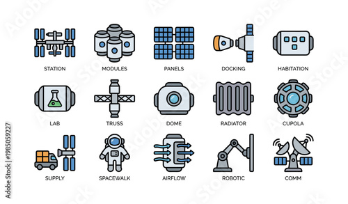 Illustrated icons of space station components and equipment for exploration