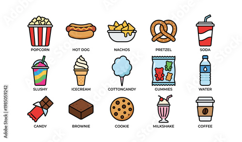 Colorful snacks: popcorn, hot dog, nachos, pretzel, soda, slushy, ice cream, cotton candy