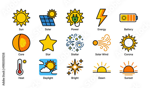 Sun and solar energy icons collection: solar, power, energy, battery, nature symbols
