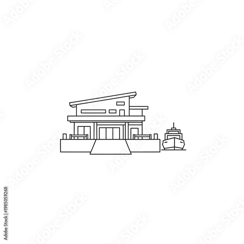 Minimalist line art depicting a contemporary mansion beside a luxury boat, evoking dreams of lavish vacations and high-end coastal living and modern transport