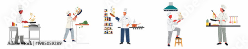 Illustration collection of professional male and female chefs cooking pasta and various dishes in a restaurant kitchen environment.