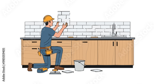 Builder installing white subway tile kitchen backsplash