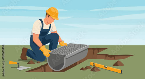 Construction worker installing outdoor drainage channel system