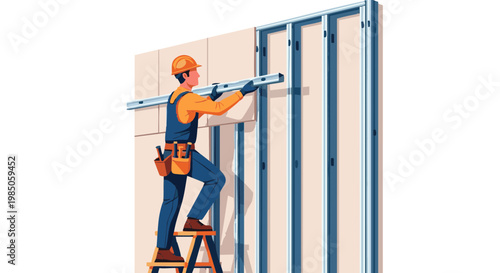 Construction worker installing metal stud framework for drywall on ladder. Vector illustration