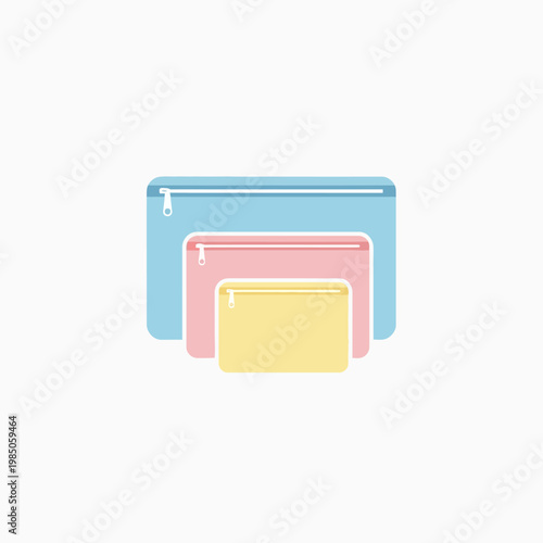 Colorful flat design vector illustration showcasing a neat stack of three zippered pouches for clean travel organization and personal item storage