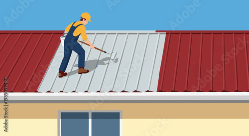 Roofer painting corrugated metal roof with roller. Home improvement and maintenance concept