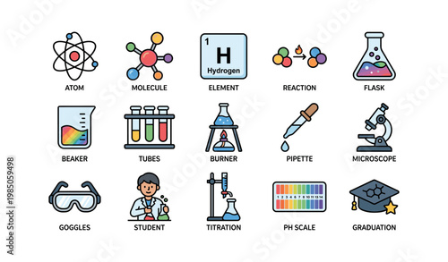 Colorful science icons including atom, molecule, lab equipment, and diverse students