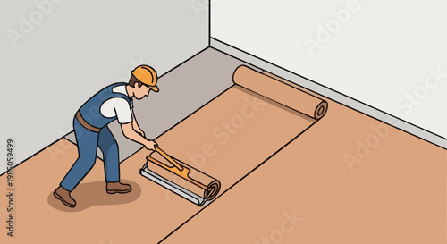 Construction worker laying linoleum flooring with roller