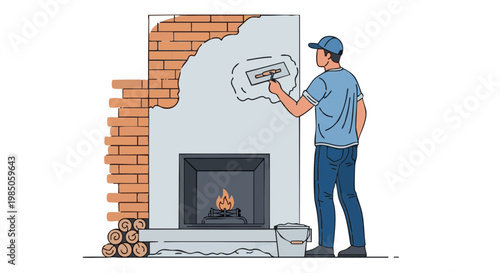 Man plastering brick fireplace wall during home renovation
