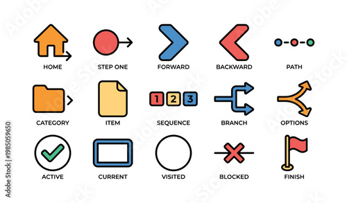 Colorful icon set representing navigation and workflow concepts with simple designs