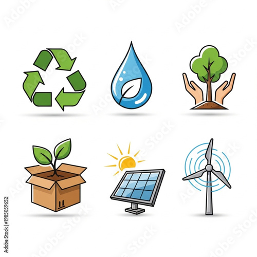 A set of hand-drawn style icons including recycling, water protection, reforestation, solar power, and wind energy.