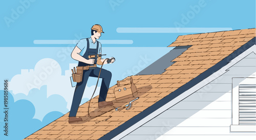 Roofer repairing house roof with power drill and tools