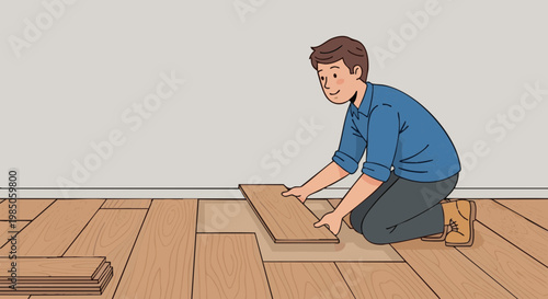 Smiling man installing laminate wood flooring during home improvement
