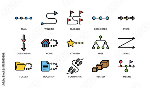 Illustrated icons of trails and paths: trail, winding, flagged, connected, steps, and more