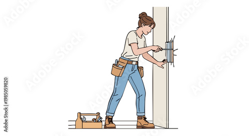 Female contractor with tool belt repairing drywall with screwdriver. Isolated vector illustration