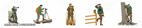 Collection of wildlife photographers and birdwatchers in camouflage clothing with professional cameras, tripods, and binoculars, flat vector illustration isolated on white.