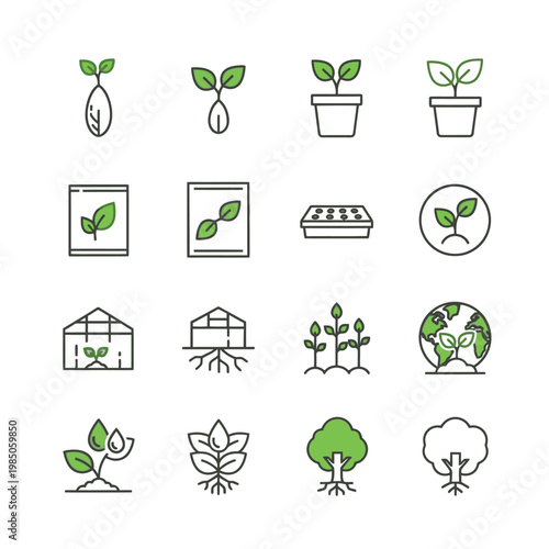 Variety of green plant icons set.