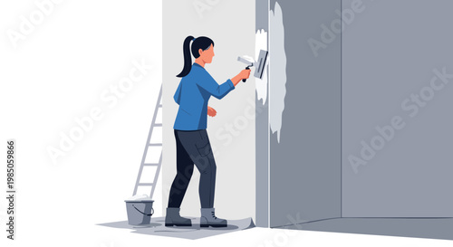 Woman plastering wall with trowel during home renovation project