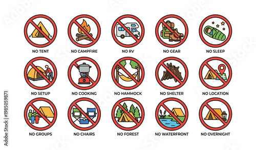 Camping prohibitions: no tent, campfire, rv, gear, or sleep icons