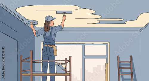 Woman plastering ceiling on scaffolding during home renovation. Vector illustration of female worker
