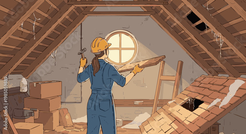 Woman in hard hat repairing damaged attic roof with hammer and wood
