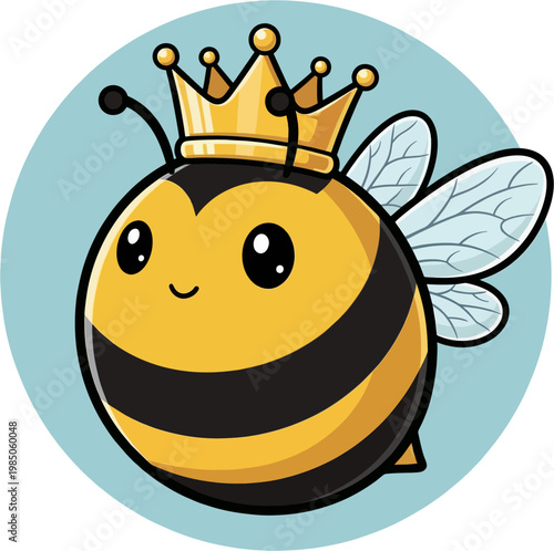 Cute Queen Bee Cartoon Character with Crown and Wings, Isolated on Blue Circle Background