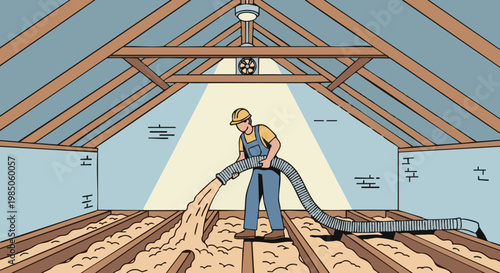 Construction worker installing blown in insulation in residential attic