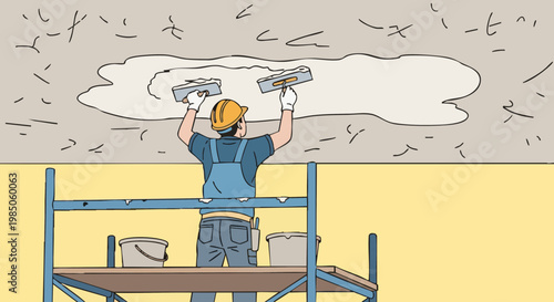 Construction worker plastering ceiling on scaffolding illustration