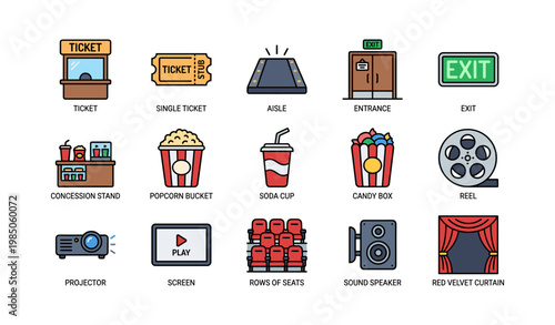 Cinema elements including tickets, concession, seating, and exit sign