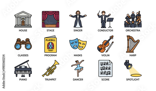 Orchestra and theater icons: instruments, performers, and stage elements