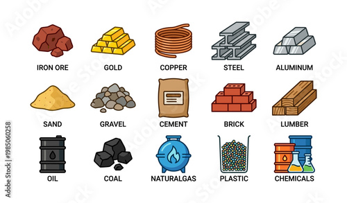 Icons of industrial materials: iron ore, gold, copper, steel, aluminum, and more