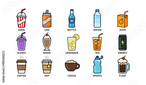 Illustrated beverage icons featuring soda, water, juice, coffee, and more