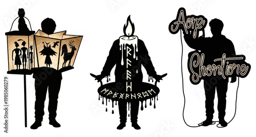 Silhouetted figures with symbolic lanterns and candle during a mystical ceremony Isolated on white background