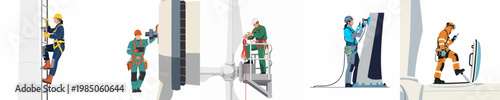 Professional technicians and engineers performing maintenance and inspections on industrial wind turbines for renewable green energy production, vector illustration set.
