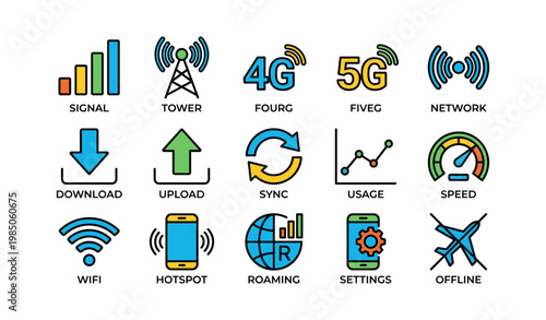 Network and connectivity icons: signal, tower, 4g, 5g, download, upload