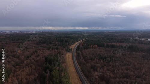 Drone view reveals railroad tracks crossing dense woodlands between Munich and Alps. Autumn colors fade as early winter begins, creating atmospheric landscape and strong vanishing-point perspective