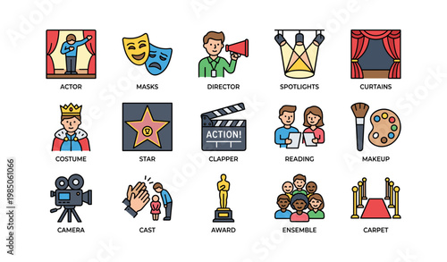 Theater icons set featuring director, actor, spotlights, makeup, award, and more