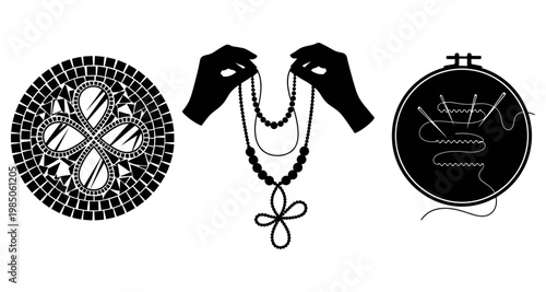 Three craft symbols hands holding beads mosaic and embroidery hoop Isolated on white background