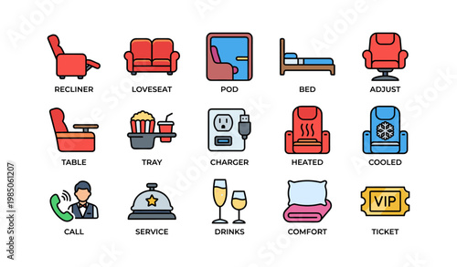 Icons of recliner, loveseat, bed, and comfort amenities for travel and leisure