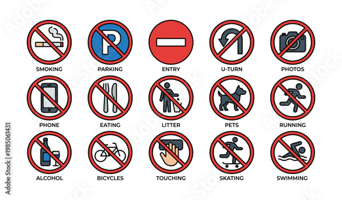 Prohibited activities signs: no smoking, parking, entry, u-turn, photos, phone, eating, litter, pets, running