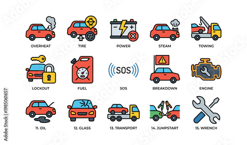 Various car problems and solutions: overheat, tire, engine, towing, sos icons