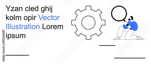 Technology, data analysis, process optimization, workflow, innovation, business concepts. Drawing of a gear and person with magnifying glass, with lorem ipsum text. Technology and data analysis