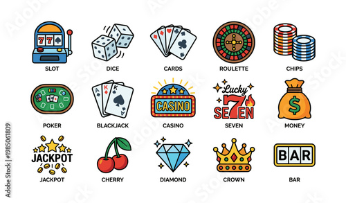 Casino game icons featuring slot machine, dice, cards, roulette, and more