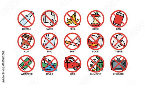Prohibited littering items: bottle, paper, peel, core, can, cup, bag, butt, food, tissue, wrapper, river, car, dumping, e-waste