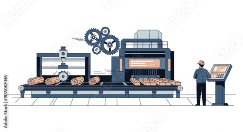 Industrial Production Line: Automated Manufacturing Process with Worker Control Panel