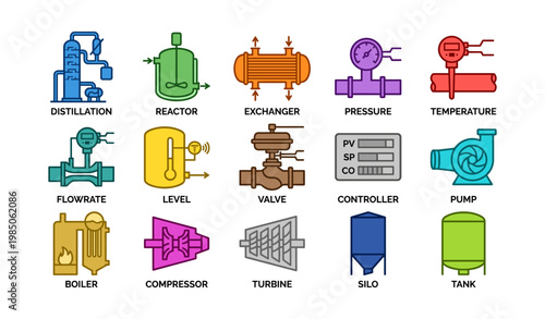 Colorful industrial equipment icons featuring distillation, heat exchanger, and more