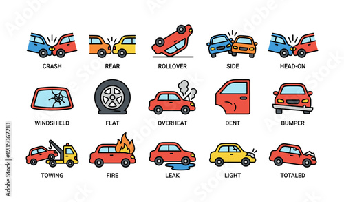 Car accident and damage icons depicting various vehicle crashes and issues