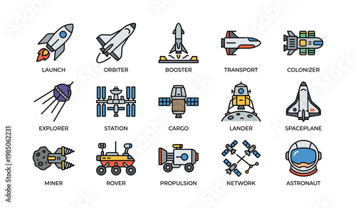 Space exploration icons: rockets, shuttles, satellites, and astronaut gear
